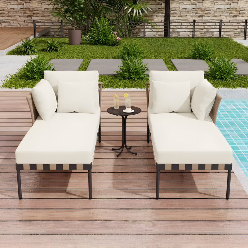 3-Piece Rattan Outdoor Lounge Chaise Set with Cushions (2-Pack)