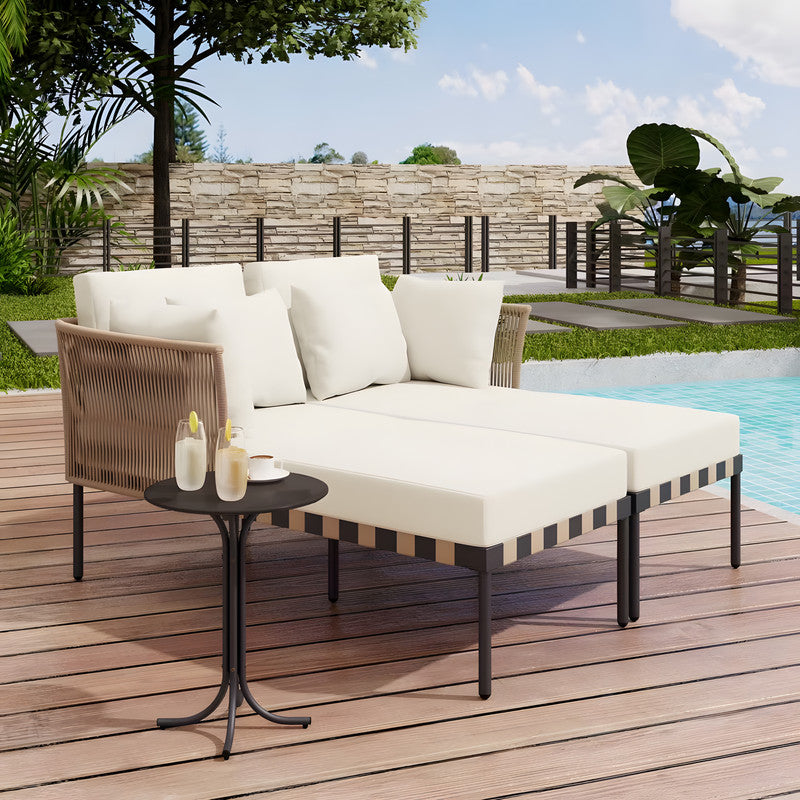 3-Piece Rattan Outdoor Lounge Chaise Set with Cushions (2-Pack)